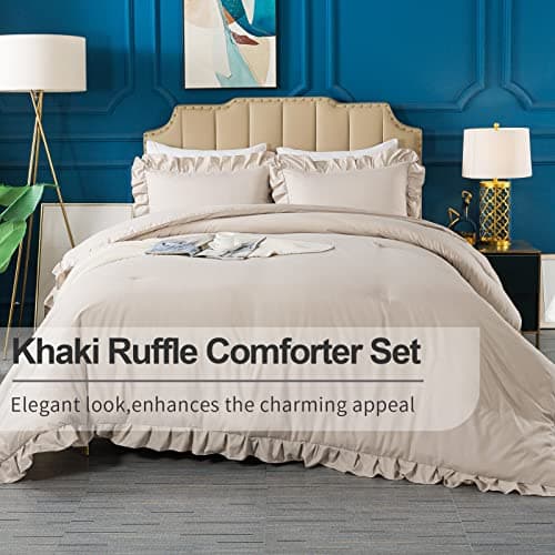 Andency Khaki Queen Comforter Set, 3 Pieces Shabby Chic Bedding