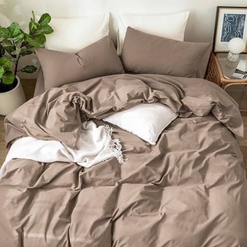 MooMee Bedding Duvet Cover Set in Brown, Queen Size 100% Washed Cotton Linen Like Textured Breathable and Durable Soft Comfy