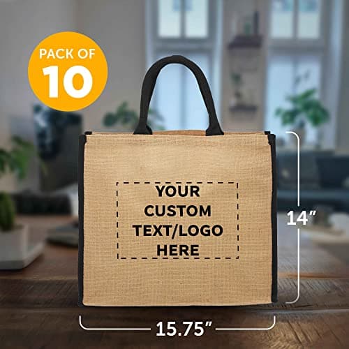 Eco-Friendly Fresno Jute Tote Bags - Set of 10, Personalized Black
