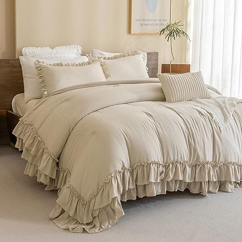 Masaca Ruffled Comforter Set Queen, Farmhouse Boho Chic Linen Feel Bedding