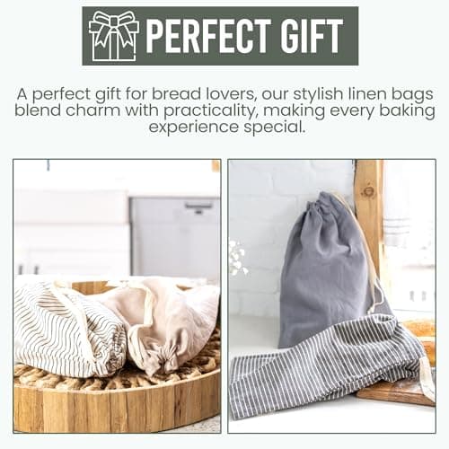 Premium Linen & Beeswax Bread Bags, 2 Pack - Reusable Sourdough & Homemade Storage - Olive Leaf/Almond Branch