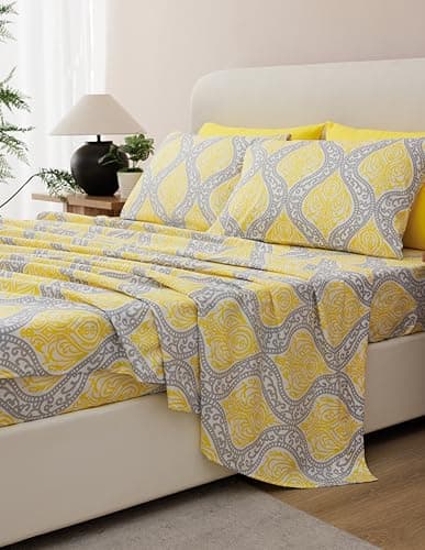 King Size Bed Sheets Set - Deep Pockets, Floral Ultra Soft Microfiber, 90 Thread Count (Grey/Yellow Medallion)