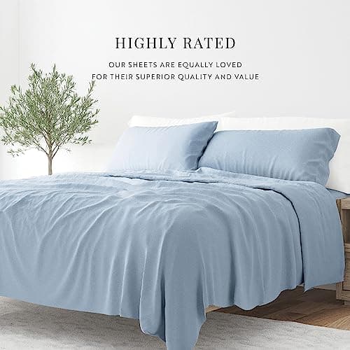 Soft and Cooling Light Blue Linen Bed Sheets for Twin Size Bed - Deep Pocket Fits 16 Thick Beds - 3 Piece Set