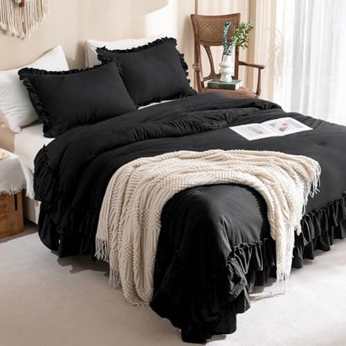Masaca Ruffled Comforter Set Queen, Farmhouse Boho Chic Linen Feel Bedding