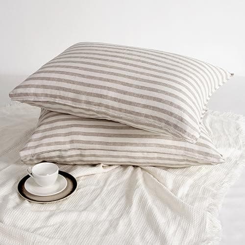 Set of 2 Striped Linen Pillow Cases, 20x30 Standard/Queen Size, 100% French Natural Flax Soft Linen Pillowcases