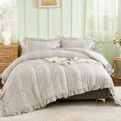 WONGS BEDDING Queen Shabby Chic Comforter Set 3 Pieces Ruffle SeersuckerTextures