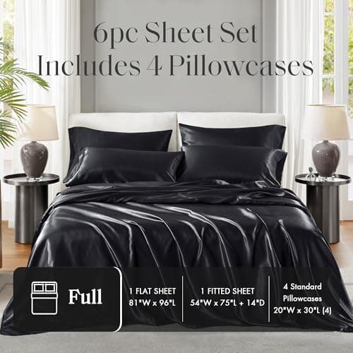 Madison Park Essentials Full Black Satin Sheet Set - Luxury, Elastic Fit up to 16" Mattresses