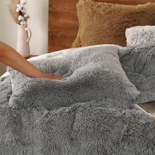 PHF Shaggy Fluffy Faux Fur King Size Duvet Cover Set