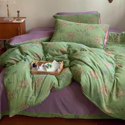 VM VOGUEMARKET Gold Green Flower Percale cotton Duvet Cover with Zipper Closure