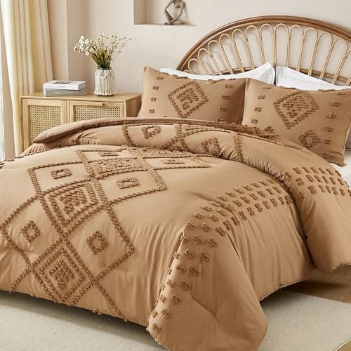 Dinjoy Shabby Chic Cream/Beige Boho Comforter Set Queen 3 Pieces Soft Fluffy