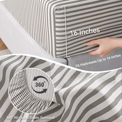 JELLYMONI Queen Size Striped Bed Sheets Set - 4 Pieces, 100% Cotton, Deep Pockets, Ultra-Soft