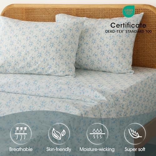 HYPREST Blue Floral King Bed Sheet Sets, Soft Breathable 4pcs Deep Pocket