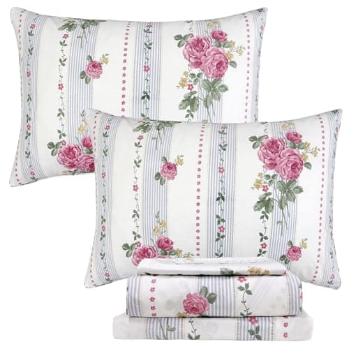 Queen Percale Cotton Sheets Set, Luxury Vintage Roses Floral, Deep Pocket Fitted, Super Soft & Breathable, 4pcs