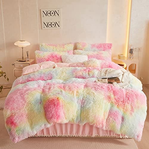 Fluffy White Duvet Cover Set for Twin Bed, 2 Pieces (1 Faux Fur Duvet Cover + 1 Plush Pillow Cases)