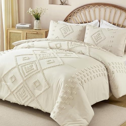 Dinjoy Shabby Chic Cream/Beige Boho Comforter Set Queen 3 Pieces Soft Fluffy
