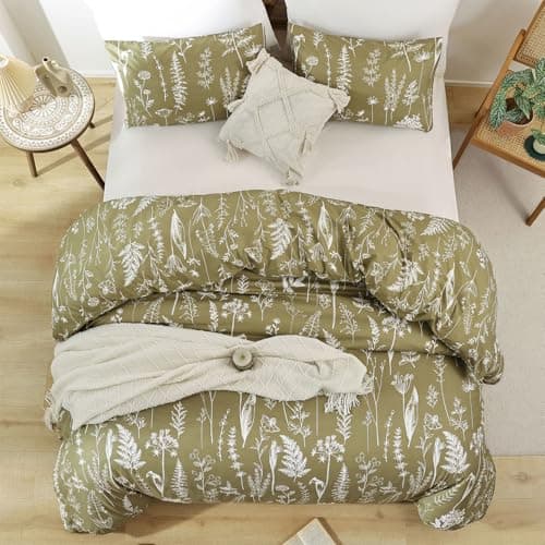 JANZAA Queen Oatmeal Floral Comforter Set with 2 Pillow Shams
