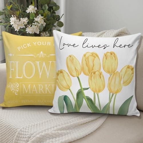 Spring Flowers Tulip Pillow Covers, 18x18 Inch, Set of 4 for Sofa Cushions