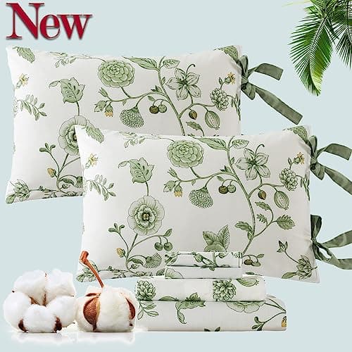Queen Percale Cotton Sheets Set, Luxury Vintage Roses Floral, Deep Pocket Fitted, Super Soft & Breathable, 4pcs
