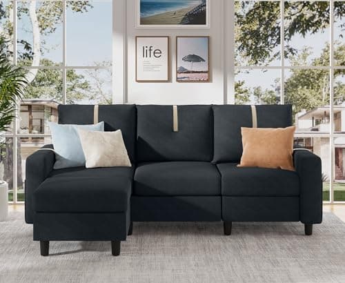 Modern 3-Seat L Shaped Sectional Sofa with Reversible Ottoman, Light Grey Linen Fabric