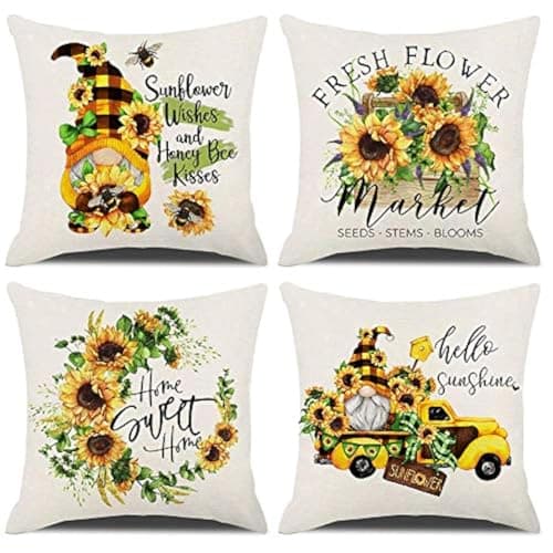 Rustic Sunflower Pillow Covers Set of 4 (Yellow-Hello Sunshine)