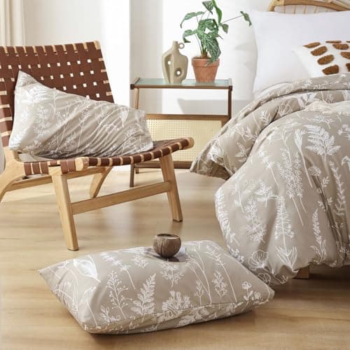 JANZAA Queen Oatmeal Floral Comforter Set with 2 Pillow Shams