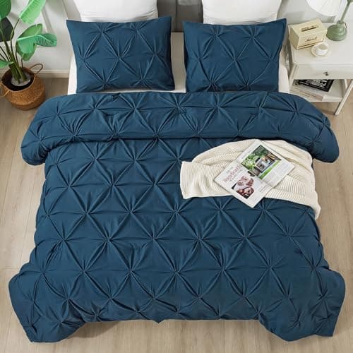 Andency White Queen Size Comforter Set, 3-Piece Cute Pinch Pleat bedding
