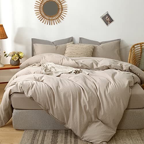 MooMee Queen Duvet Cover Set, Tannish Linen Grey, Breathable & Soft