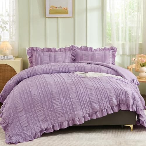 WONGS BEDDING Queen Shabby Chic Comforter Set 3 Pieces Ruffle SeersuckerTextures