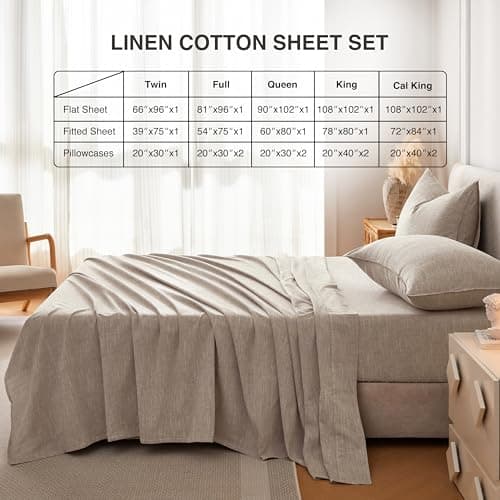 King Size Stonewashed Linen Cotton Sheets, Beige - Breathable & Soft, Slub Texture, All-Season Comfort, 4-Piece Set