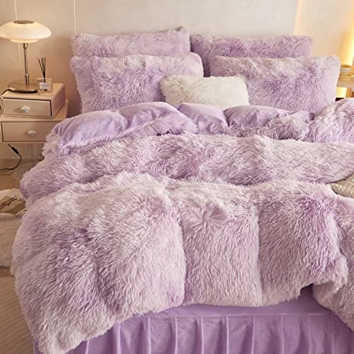 Tie Dye Purple Faux Fur King Comforter & Pillowcases Set