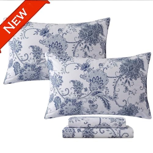 Queen Percale Cotton Sheets Set, Luxury Vintage Roses Floral, Deep Pocket Fitted, Super Soft & Breathable, 4pcs