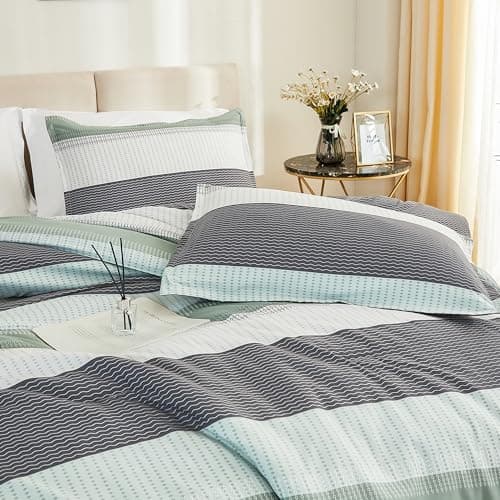 Litanika Queen Comforter Set - Sage Green, Light Green Stripe, All Season Bedding