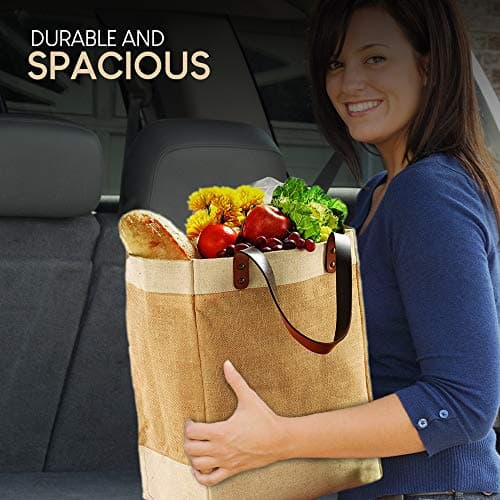 Jute French Market Tote Grocery Bag with Faux Leather Handles