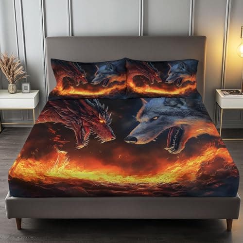 Abstract Flame Wolf & Dragon Black King Size Bed Sheets (1 Fitted, 1 Flat, 2 Pillowcases)