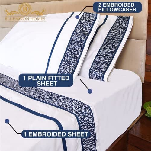 100% Egyptian Cotton Cal King Sheets, 1000 Thread Count, Sateen Weave, Navy Blue Embroidered