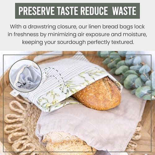 Premium Linen & Beeswax Bread Bags, 2 Pack - Reusable Sourdough & Homemade Storage - Olive Leaf/Almond Branch