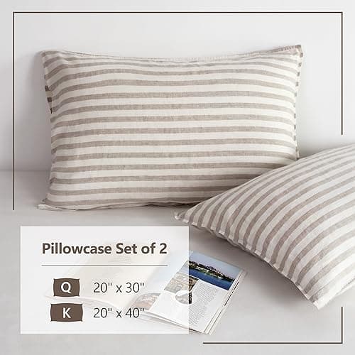 Set of 2 Striped Linen Pillow Cases, 20x30 Standard/Queen Size, 100% French Natural Flax Soft Linen Pillowcases