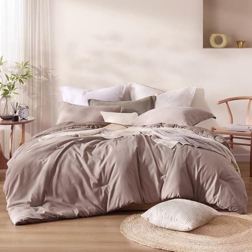 Boho Queen Comforter Set Beige, 3-Piece Modern Farmhouse Bedding Light & Fluffy