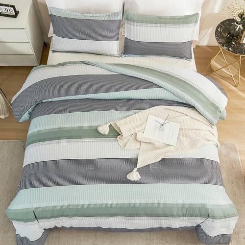 Litanika Queen Comforter Set - Sage Green, Light Green Stripe, All Season Bedding