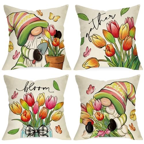 Spring & Summer Gnome Tulip Throw Pillow Covers, 20x20 Set of 4
