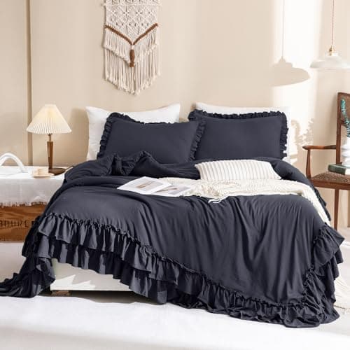 Masaca Ruffled Comforter Set Queen, Farmhouse Boho Chic Linen Feel Bedding