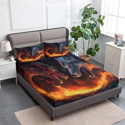 Abstract Flame Wolf & Dragon Black King Size Bed Sheets (1 Fitted, 1 Flat, 2 Pillowcases)