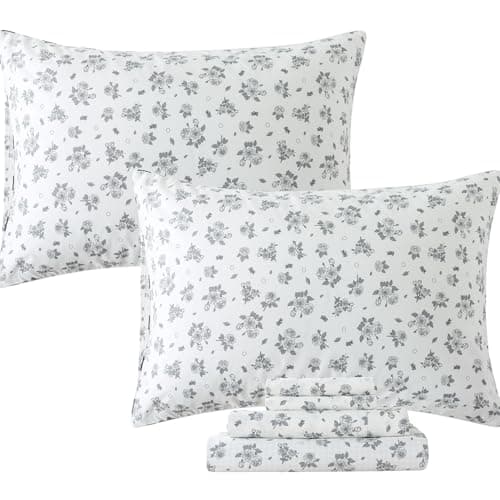 Queen Percale Cotton Sheets Set, Luxury Vintage Roses Floral, Deep Pocket Fitted, Super Soft & Breathable, 4pcs