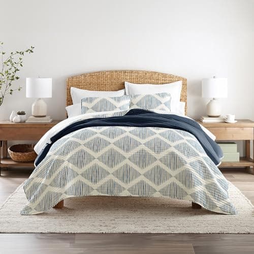Modern Diamond Navy Linen Quilt Coverlet Set - Ultra Soft Microfiber