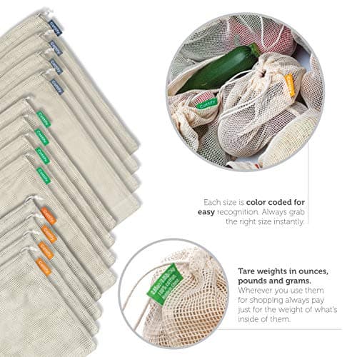 Reusable Organic Cotton Mesh Produce Bags, 12+1 Double-Stitched, Tare Weigh, 4 Sizes