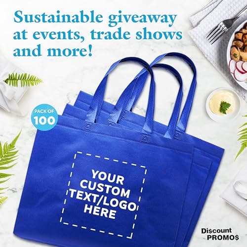 Custom Blue Jumbo Tote Bags Set of 100 - Reusable Promo Shopping Bags