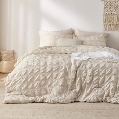 Bedsure Queen Size Bed in a Bag Plaid Seersucker Comforter Sets