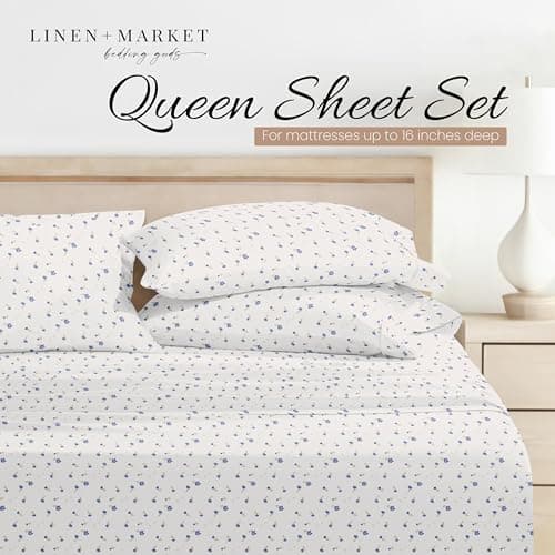 Oeko-TEX Certified Ultra Soft Linen Market Queen Sheet Set - Floral Light Blue