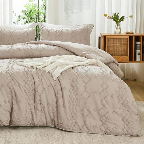 Andency Queen Boho Tufted Comforter Set, Khaki (90x90In Comforter & 2 Pillowcases)