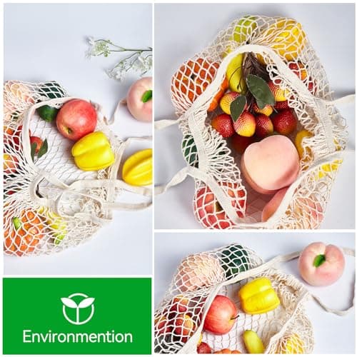 2 Pack Eco-Friendly Cotton Mesh Shopping Bags, Reusable Beige Handle Tote